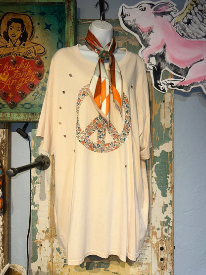 Tan Oversized Floral Peace T-Shirt Dress