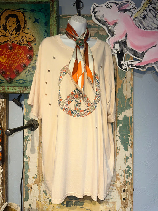 Tan Oversized Floral Peace T-Shirt Dress