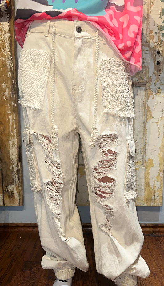 POL Cream Distressed Joggers
