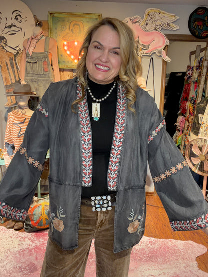 Blue Velvet Floral Embroidered Kimono