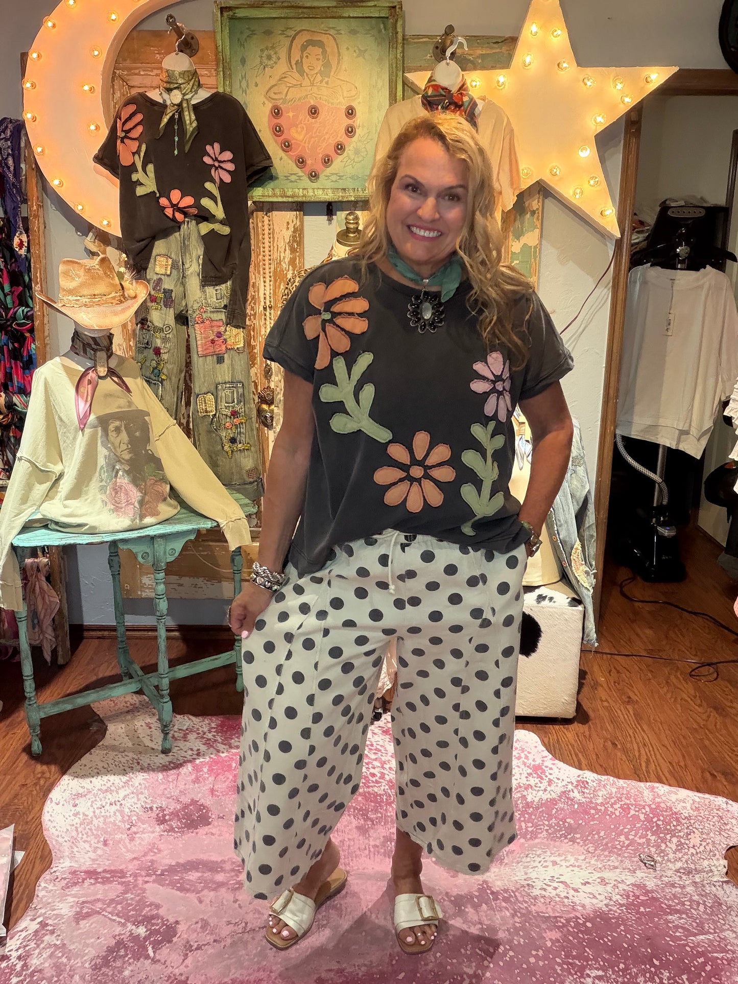 Easel Natural Polka Dot Wide Leg Pants