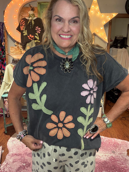 BlueVelvet Black Flower Patch Top
