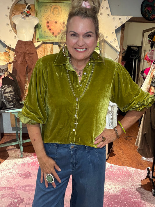 Easel Green Tea Velvet Button Down Top
