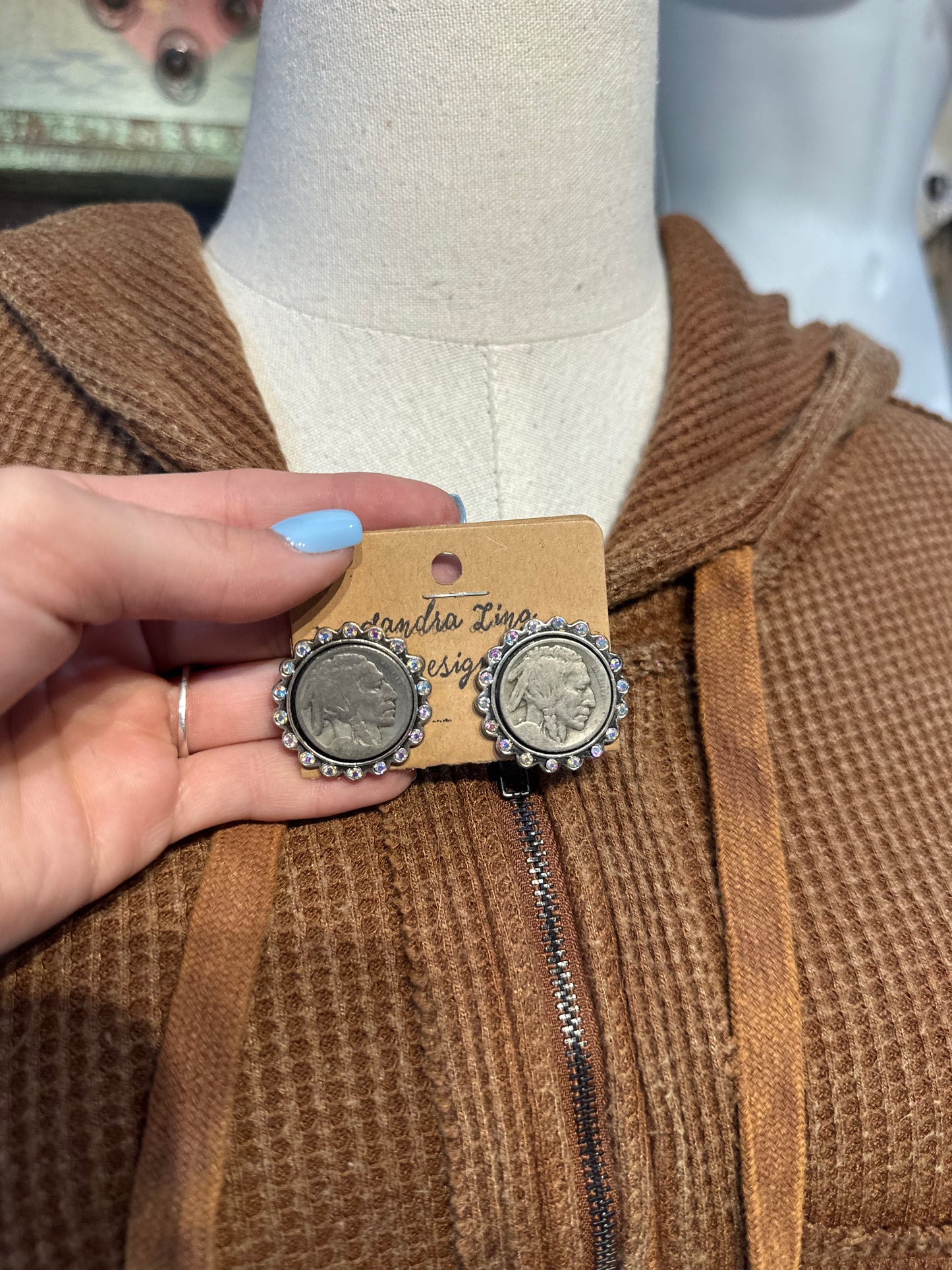 Sandra Ling Silver Chief Coin Bling Earrings