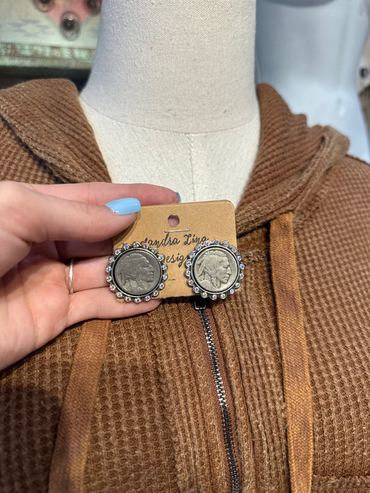 Sandra Ling Silver Chief Coin Bling Earrings