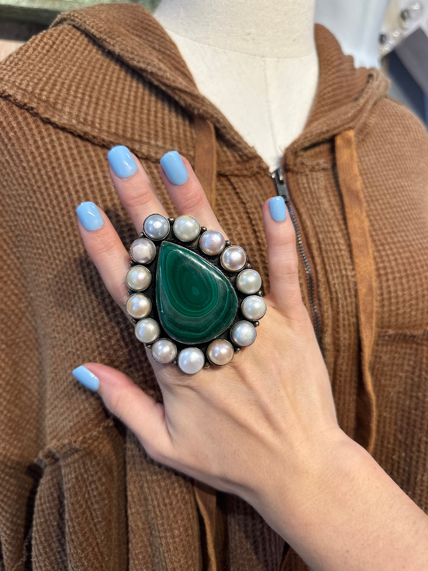 German Silver Malachite & Freshwater Pearl Ring