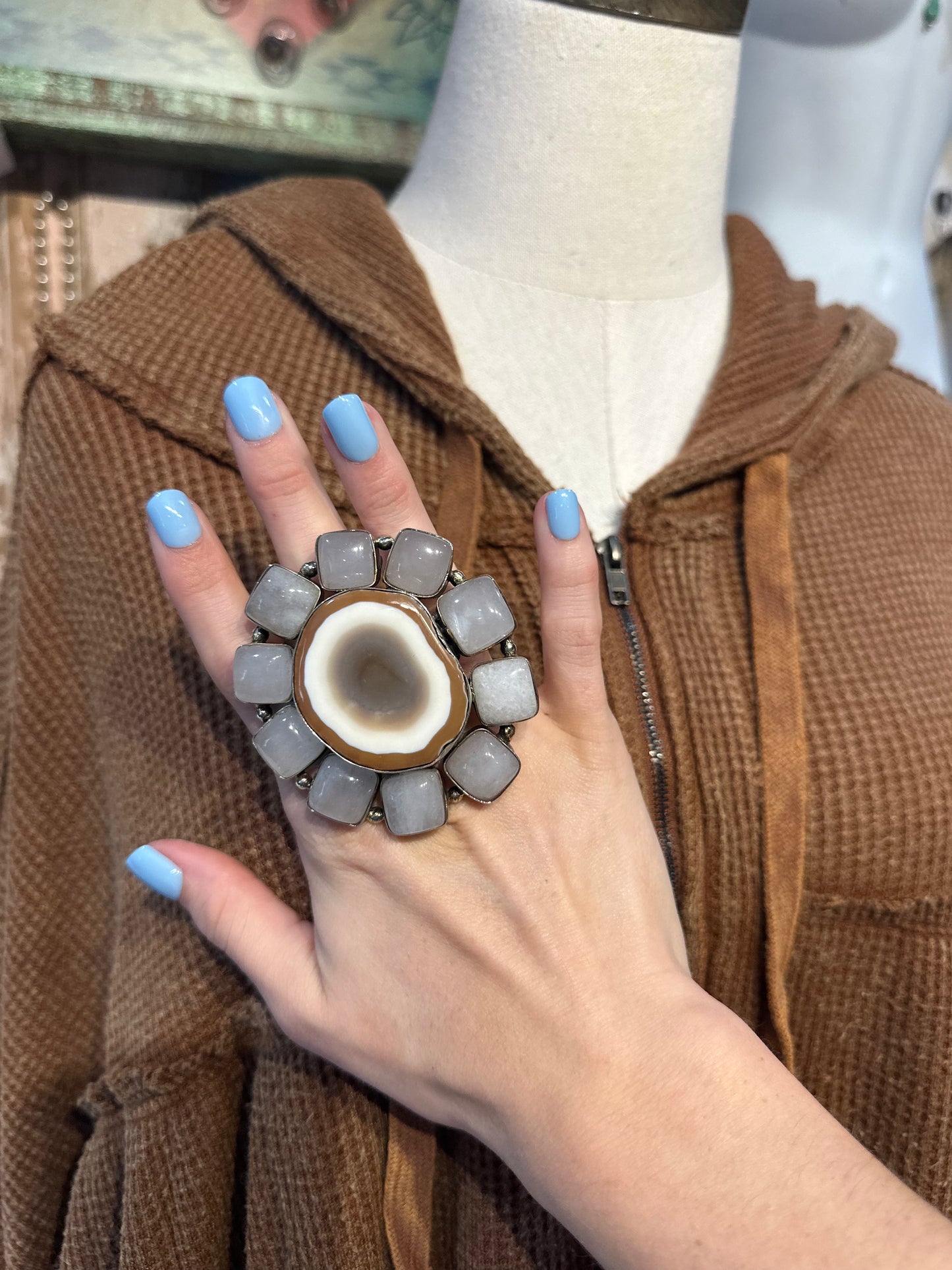 German Silver Moonstone & Agate Geode Ring