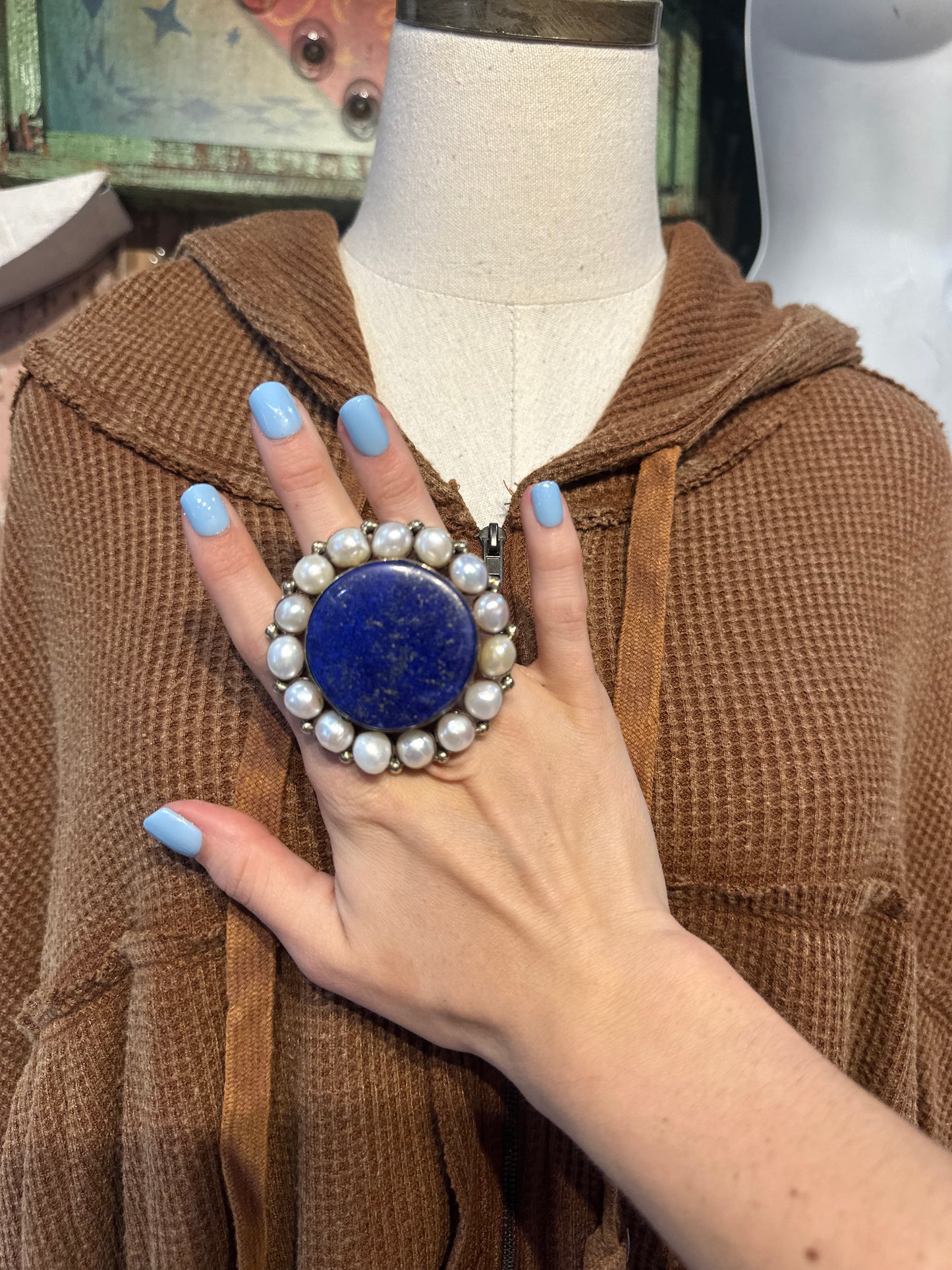 German Silver Lapis & Pearl Ring