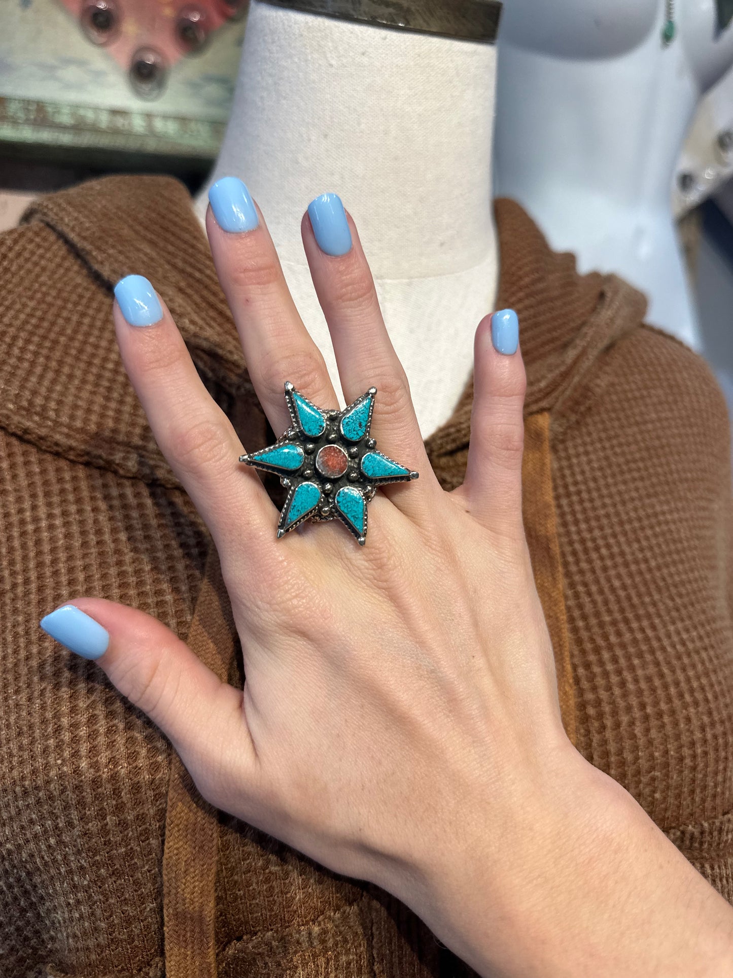 German Silver Turquoise & Coral Star Ring