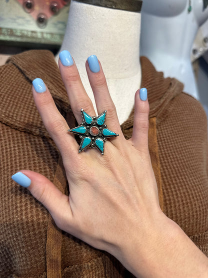German Silver Turquoise & Coral Star Ring