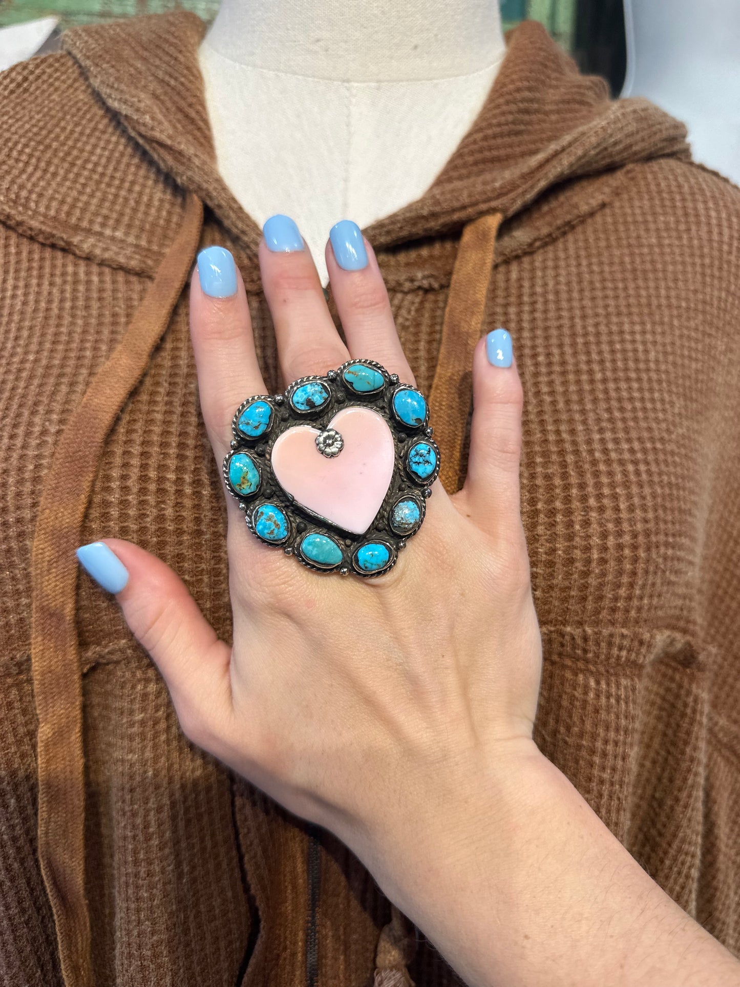 Tibetan Turquoise & Pink Conch Heart Ring