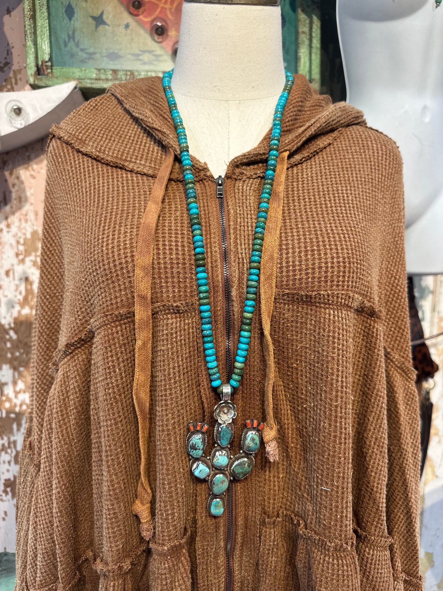 Tibetan Turquoise & Coral Cactus Pendant
