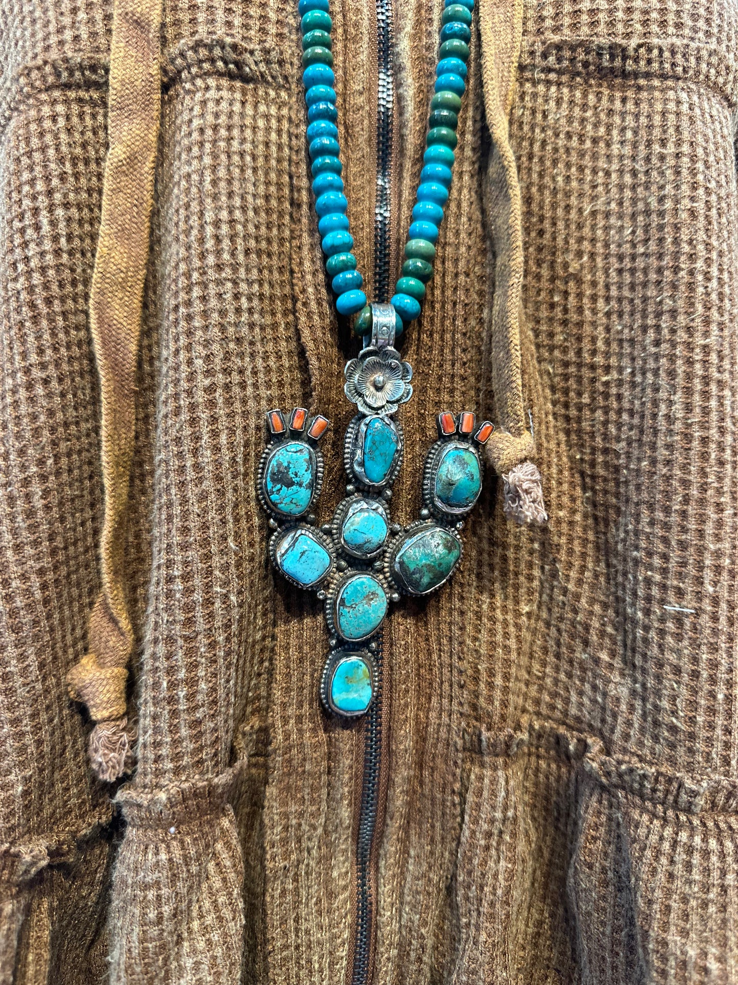 Tibetan Turquoise & Coral Cactus Pendant