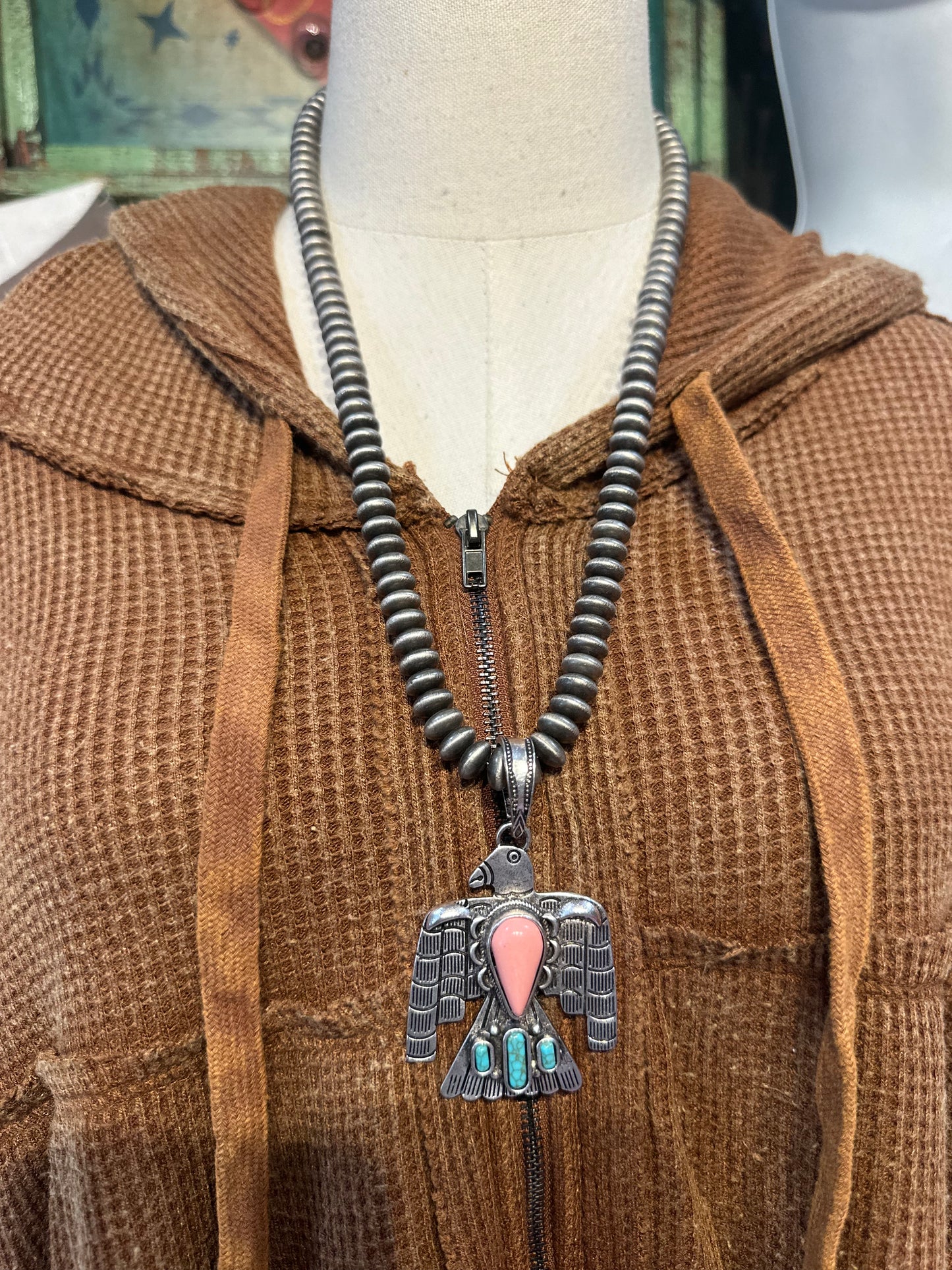 Inspired Silver, Pink Conch, & Turquoise Thunderbird Necklace