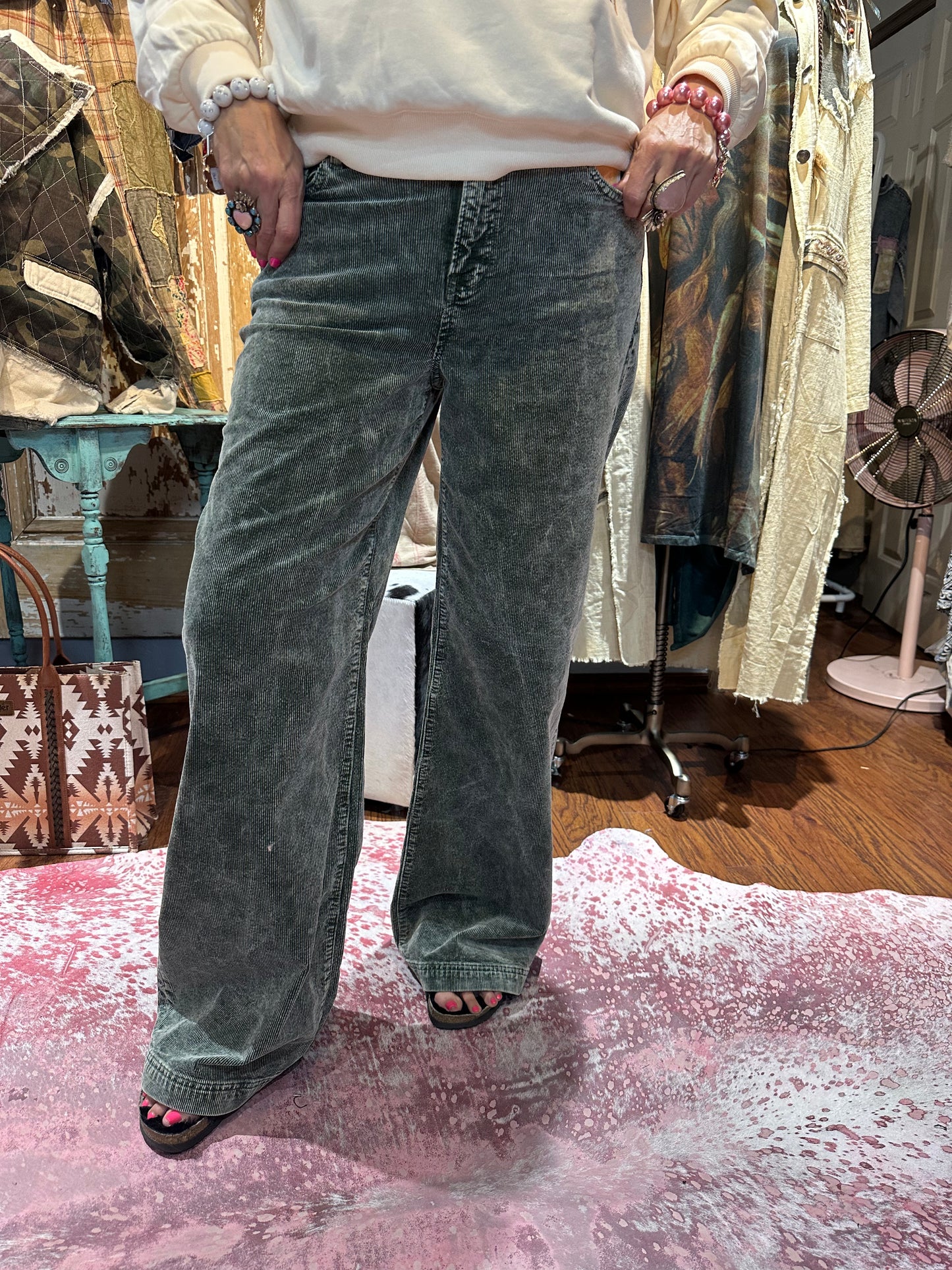 Risen High Rise Wide Leg Forest Corduroy Pants