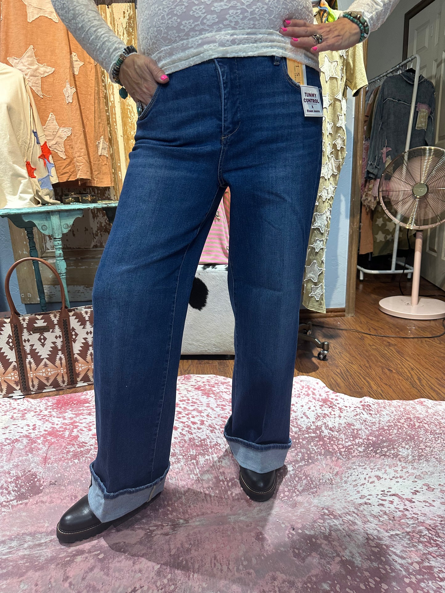 Risen Mid Rise Wide Cuffed Jeans Dark