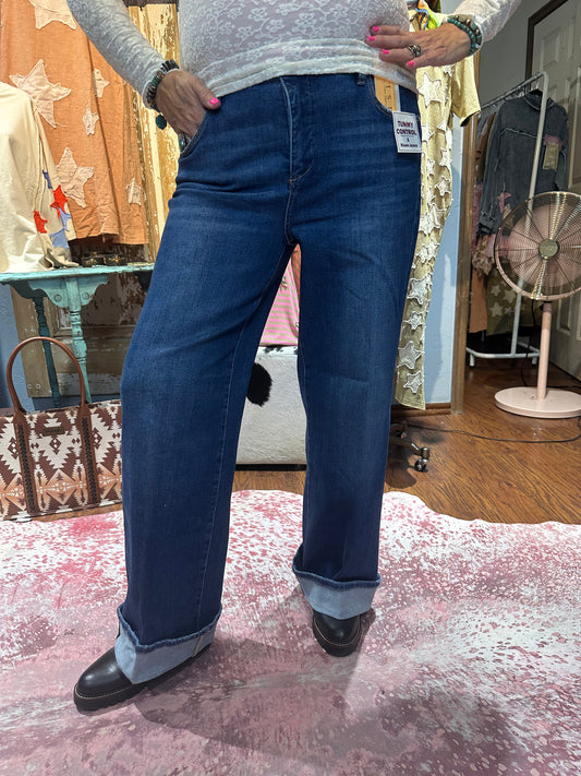 Risen Mid Rise Wide Cuffed Jeans Dark