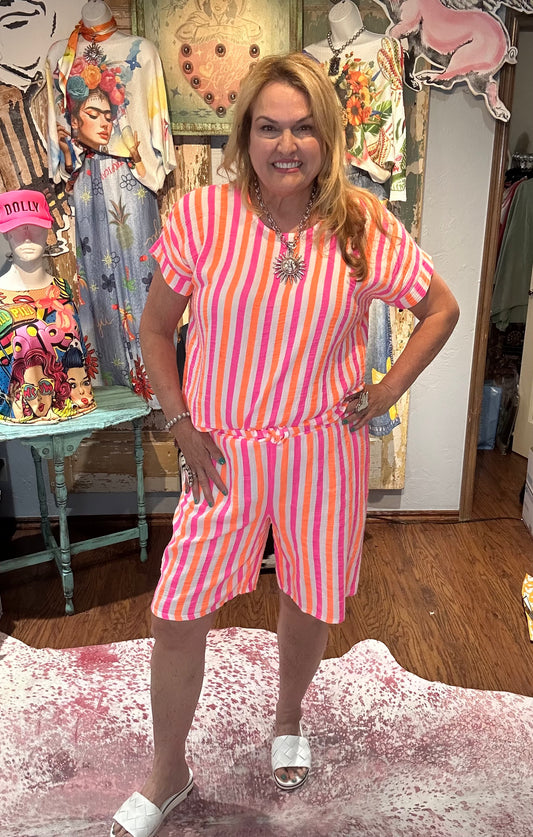 Pink and Orange Muslin Stripe Shorts