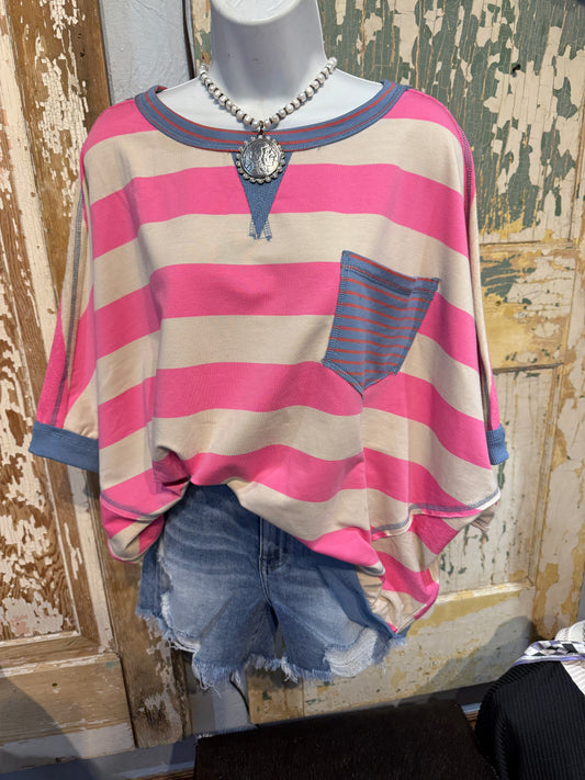 Pink, Taupe, and Blue Striped Oversized Top