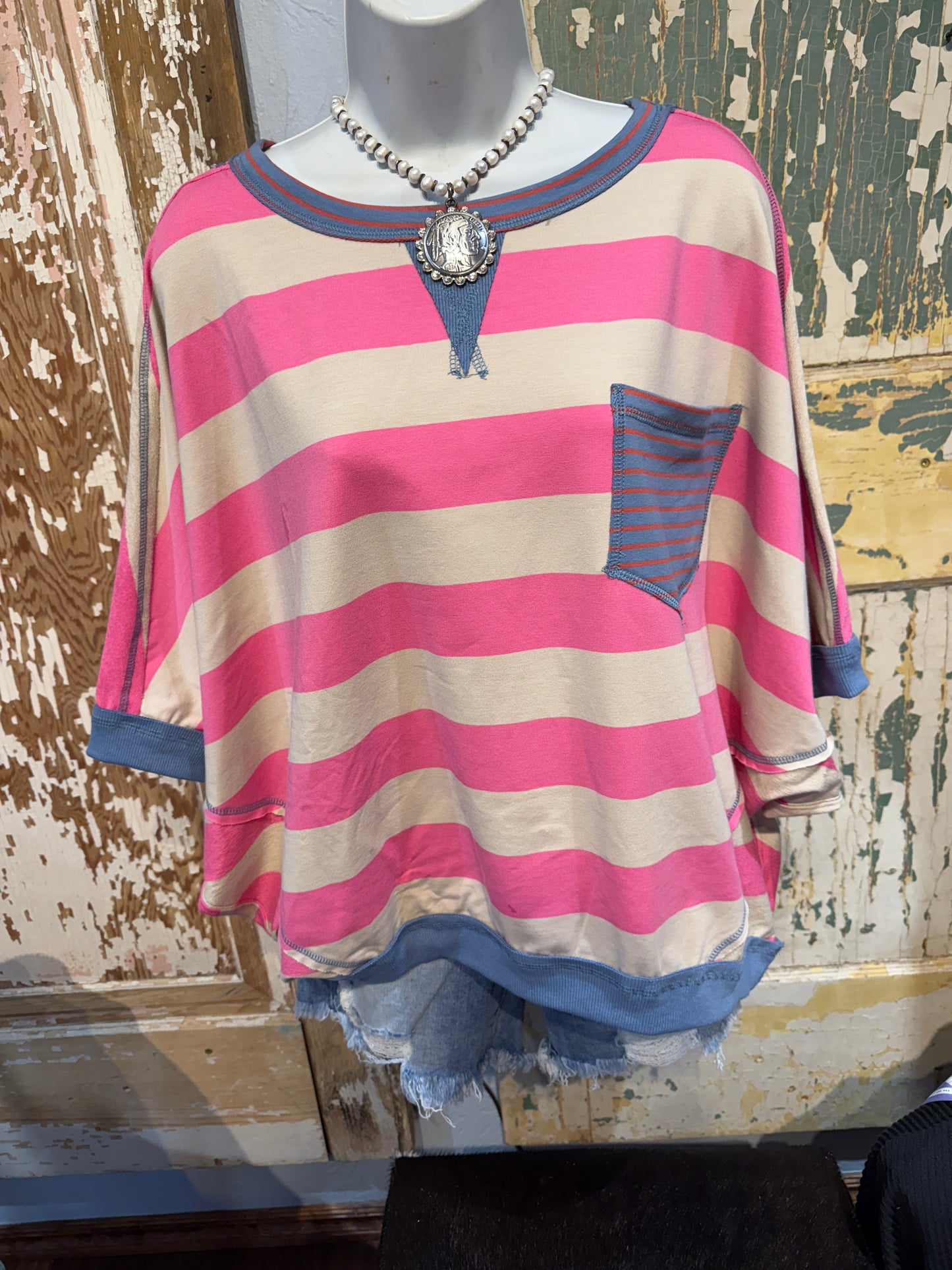 Pink, Taupe, and Blue Striped Oversized Top