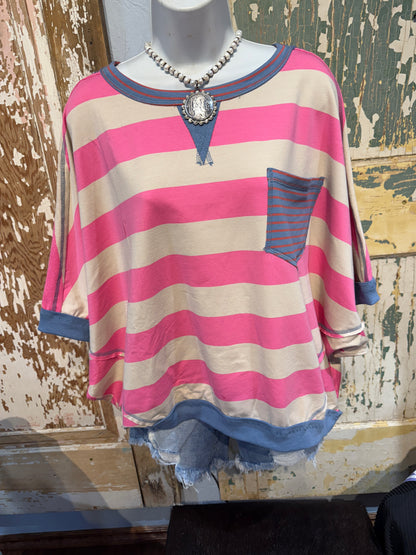 Pink, Taupe, and Blue Striped Oversized Top