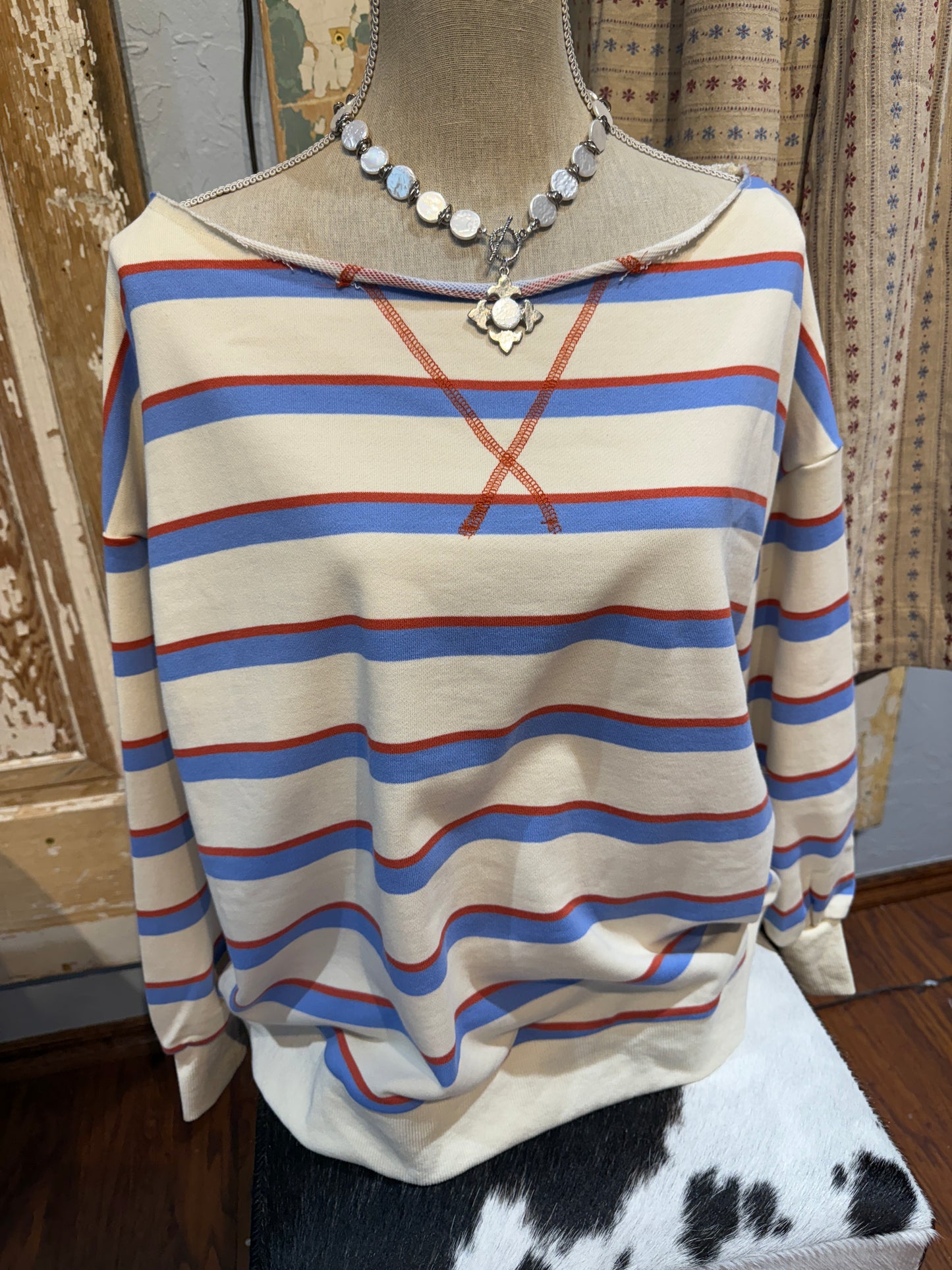 Red, White, and Blue Striped Oversized Top