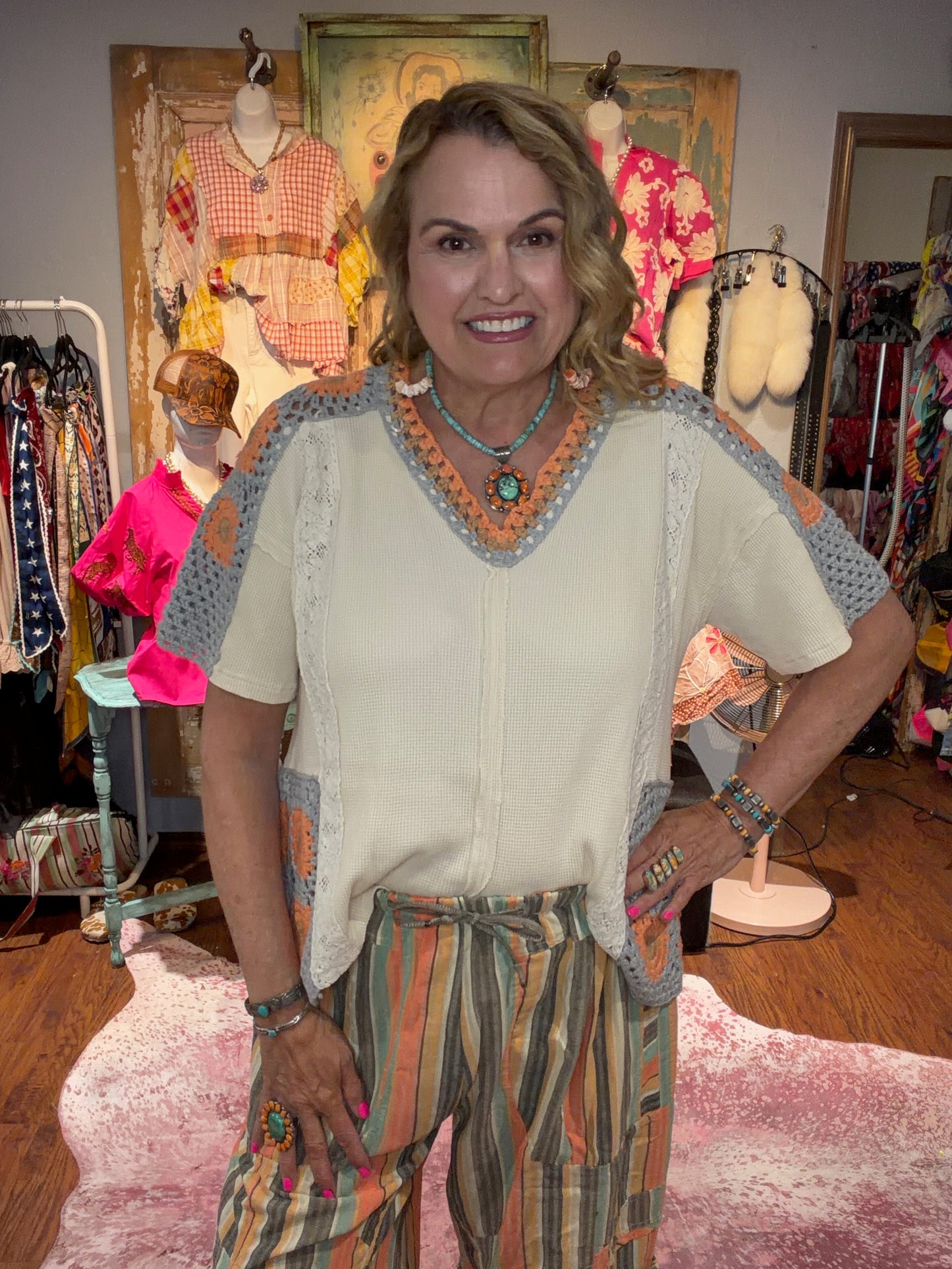 Oli & Hali Cream, Grey, and Orange Crochet Top