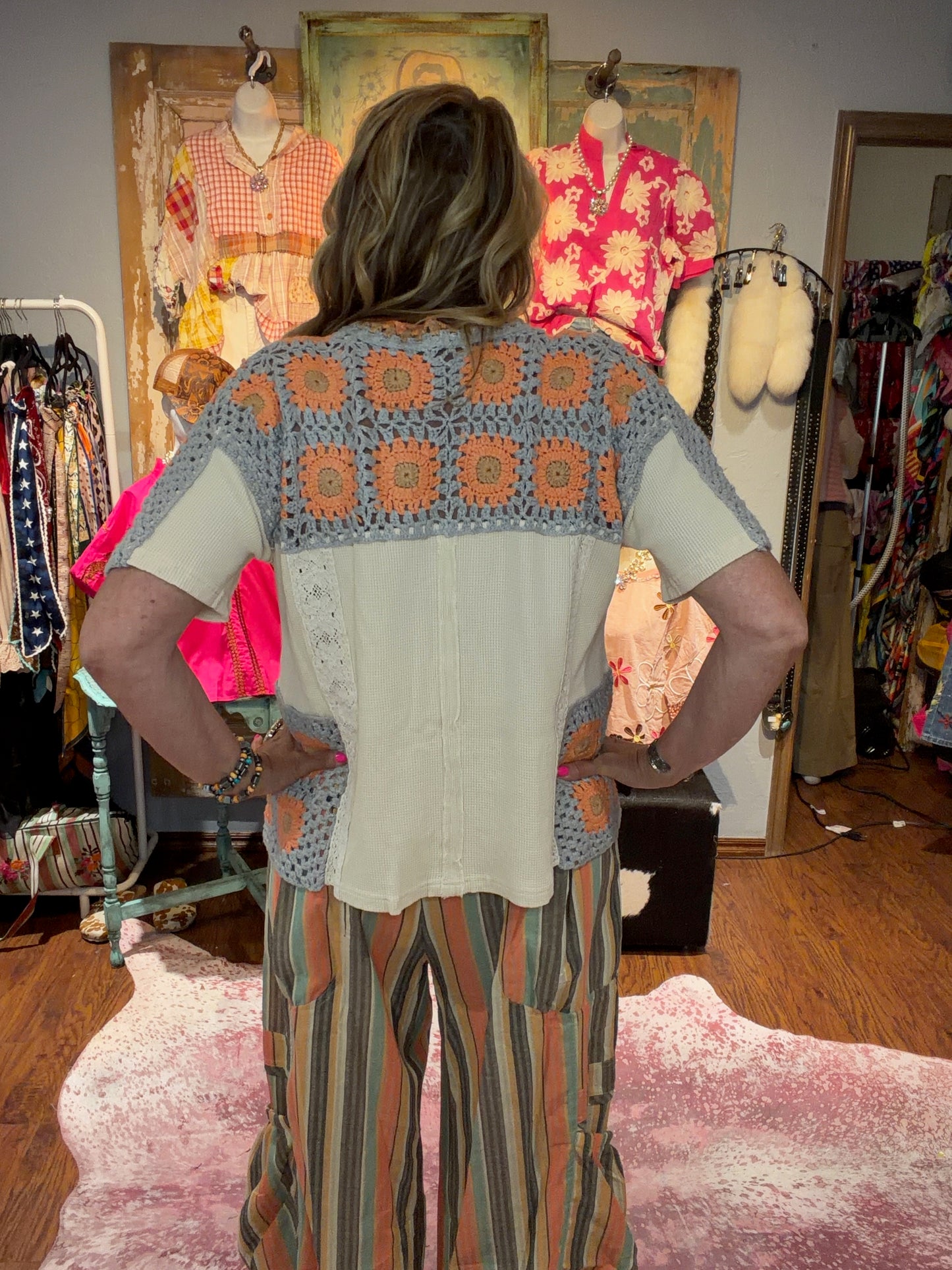 Oli & Hali Cream, Grey, and Orange Crochet Top
