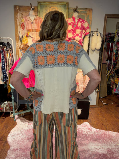 Oli & Hali Cream, Grey, and Orange Crochet Top