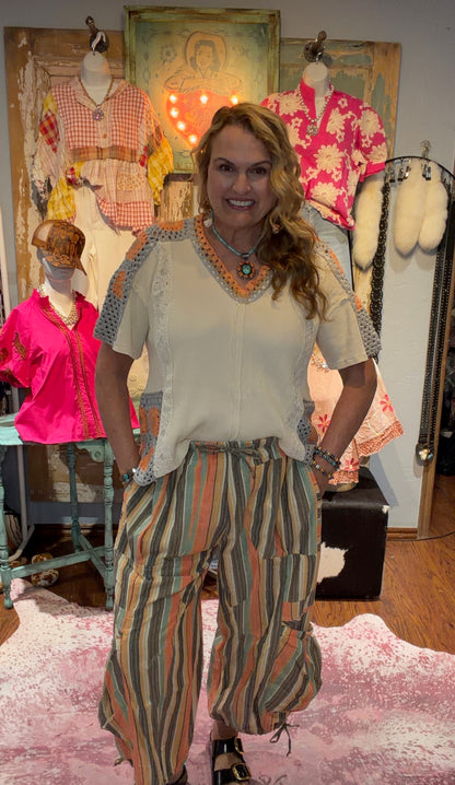 Oli & Hali Cream, Grey, and Orange Crochet Top