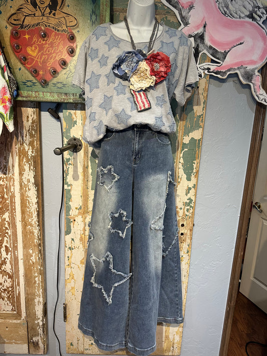 Star Patchwork Bell Bottom Denim