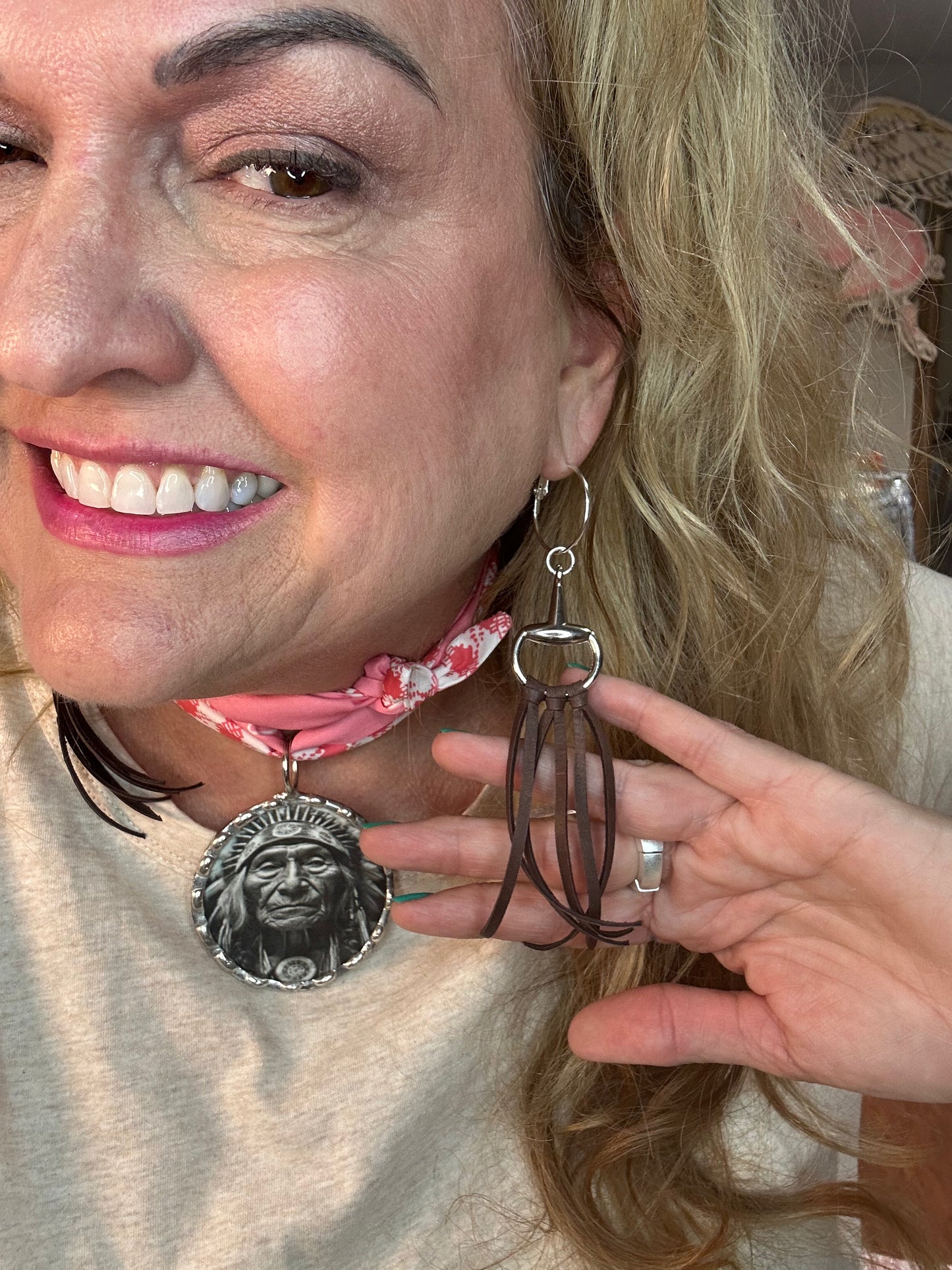 Silver with Black Leather Horse Bit Earrings on Hoops