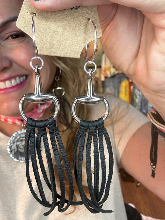 Silver with Black Leather Horse Bit Earrings on Hoops