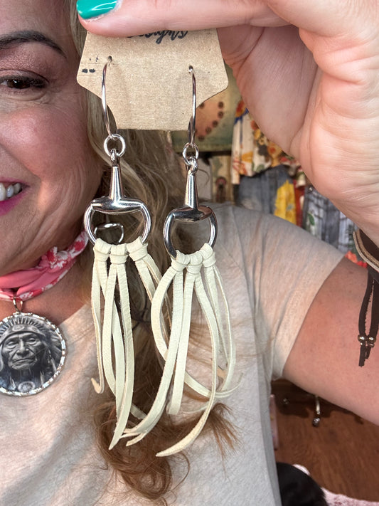 Silver with Cream Leather Horse Bit Earrings on Hoops