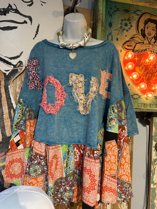 Round Neck Love Patchwork Ruffle Hem Top Oli & Hali Blue