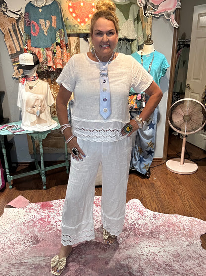 White Linen Top with Crochet Detailing