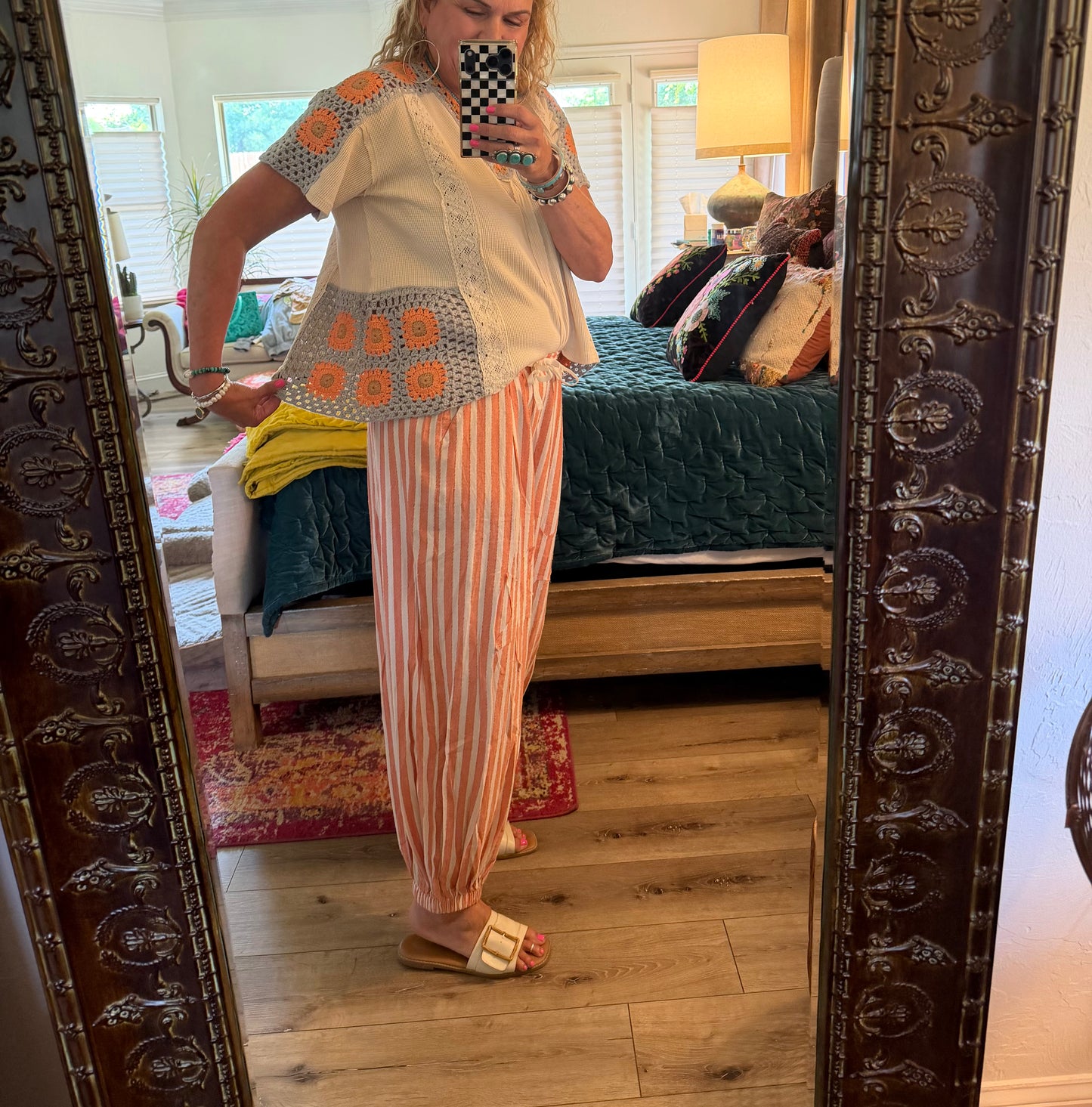 Oli & Hali Cream, Grey, and Orange Crochet Top