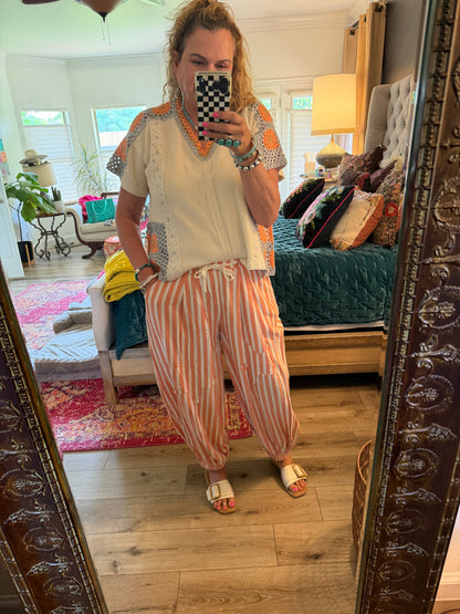 Oli & Hali Cream, Grey, and Orange Crochet Top