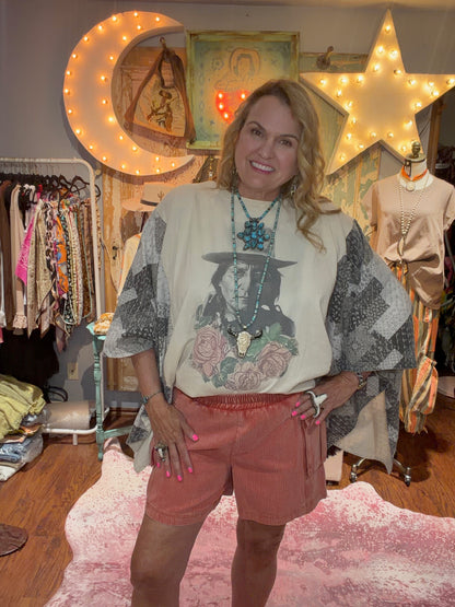 Blue Velvet Native American Print Quilted Sleeve Poncho Top