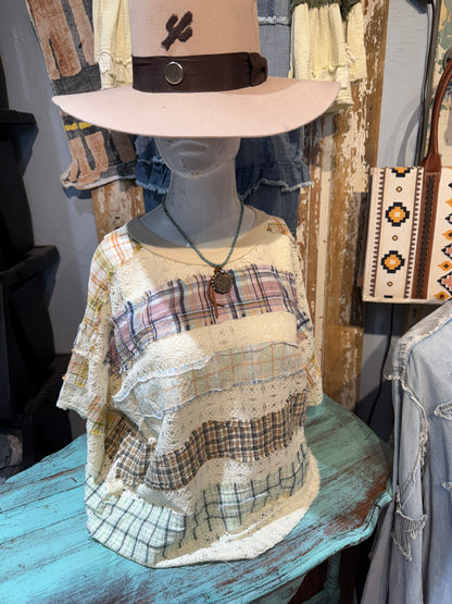 Oli & Hali Plaid and Lace Top Cream