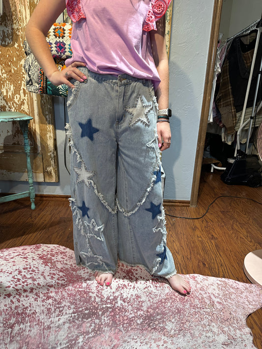 Star Stud Patchwork Denim Pants