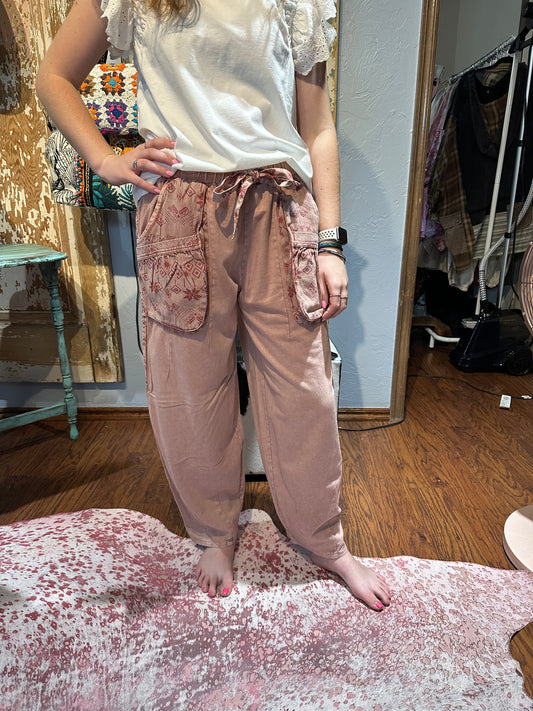 Easel Ethnic Print Barrel Pants Pink