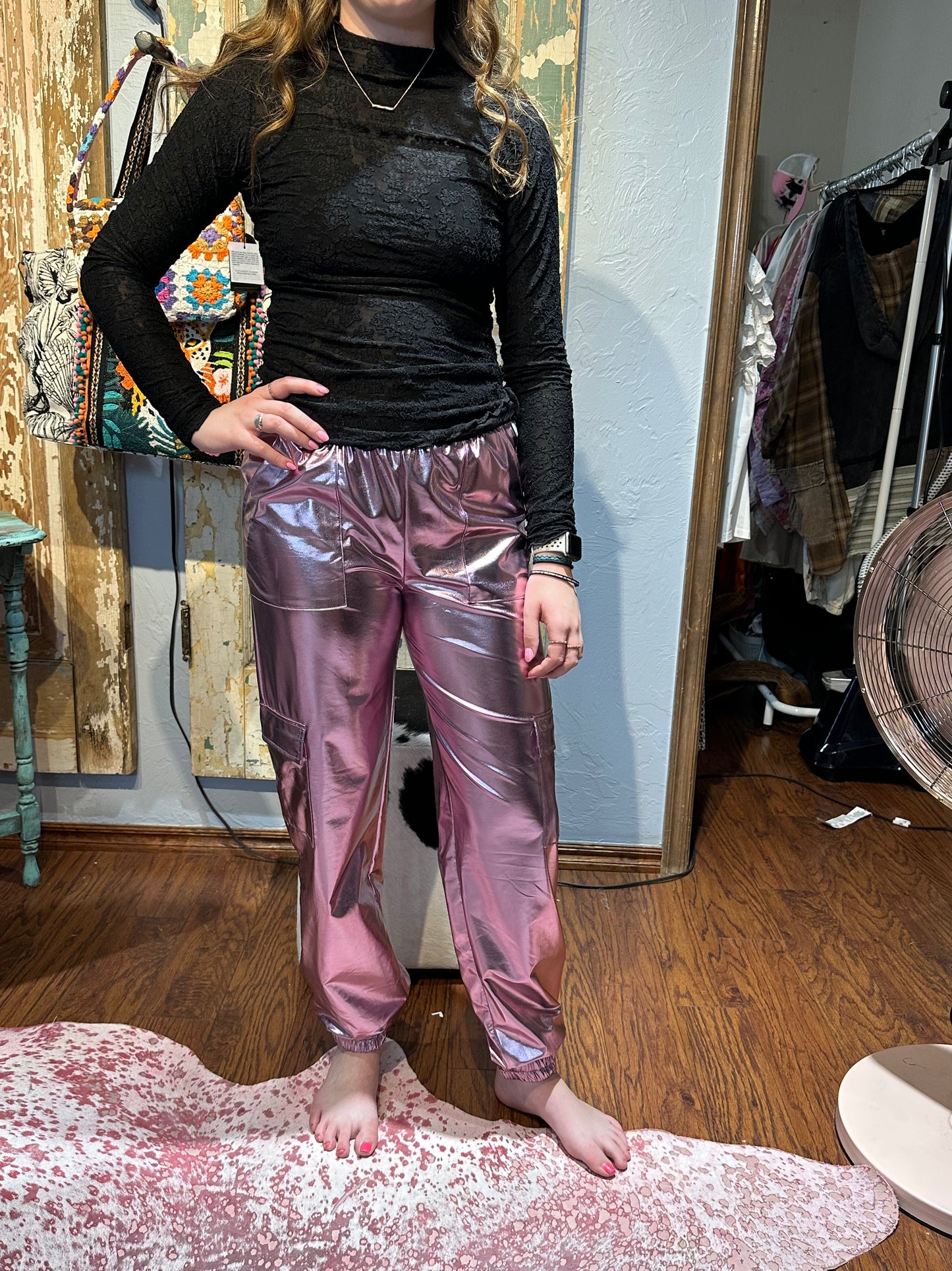 Pink Metallic Cargo Pants