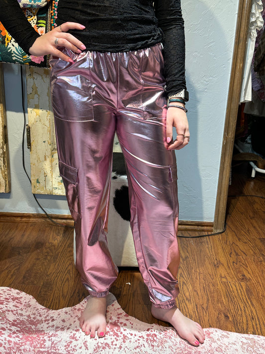 Pink Metallic Cargo Pants