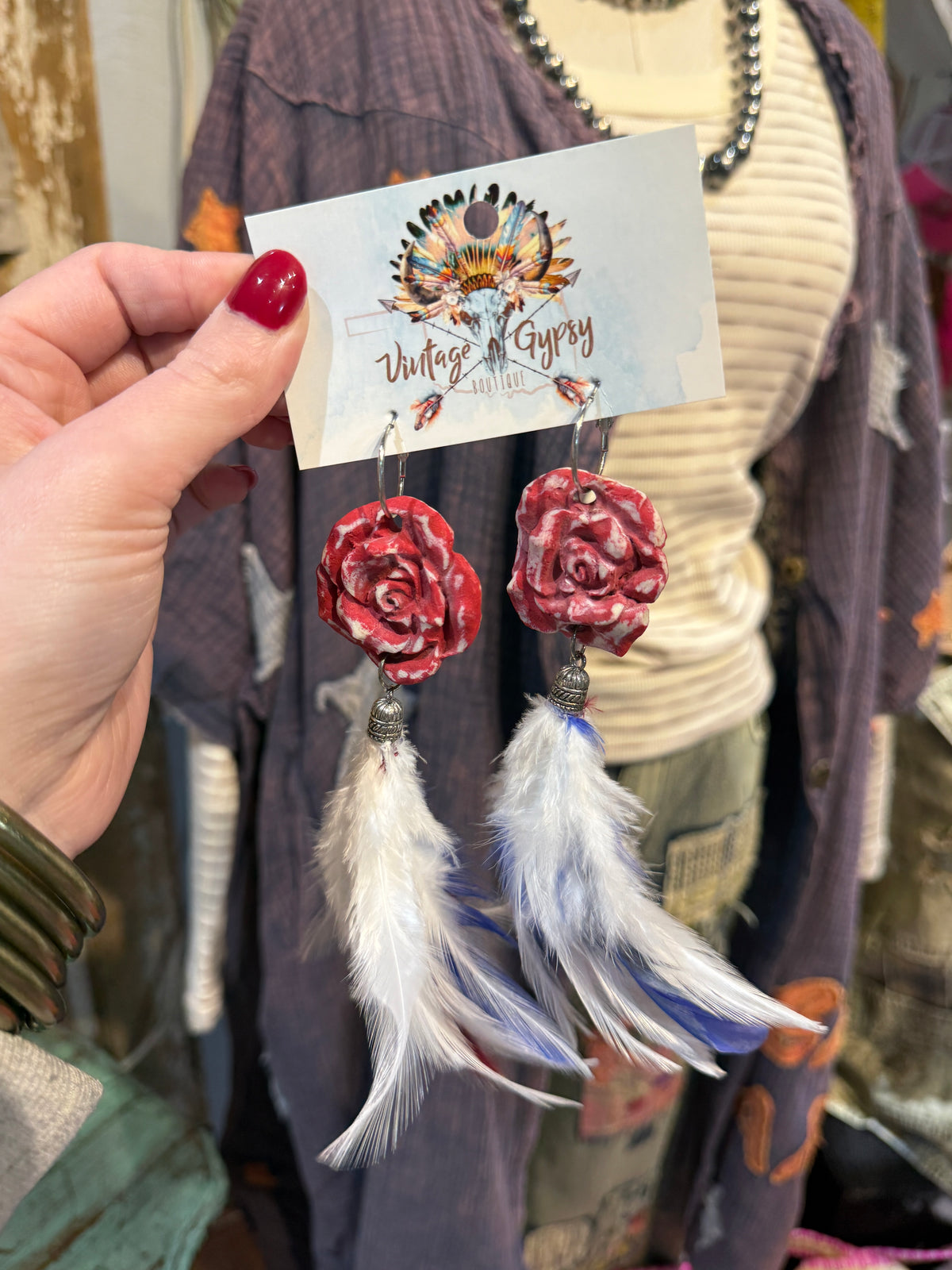 A Rare Bird Red, White, and Blue Feather Earrings