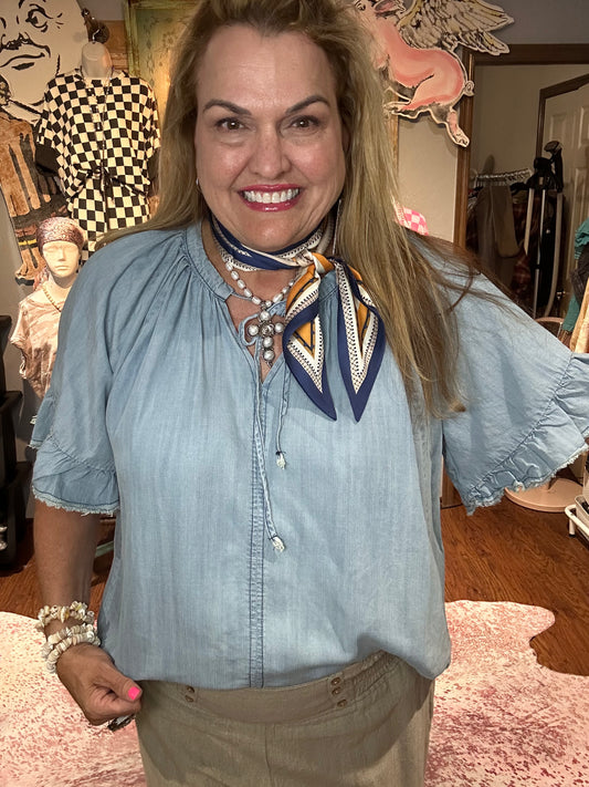 Easel Denim Ruffle Sleeve Top