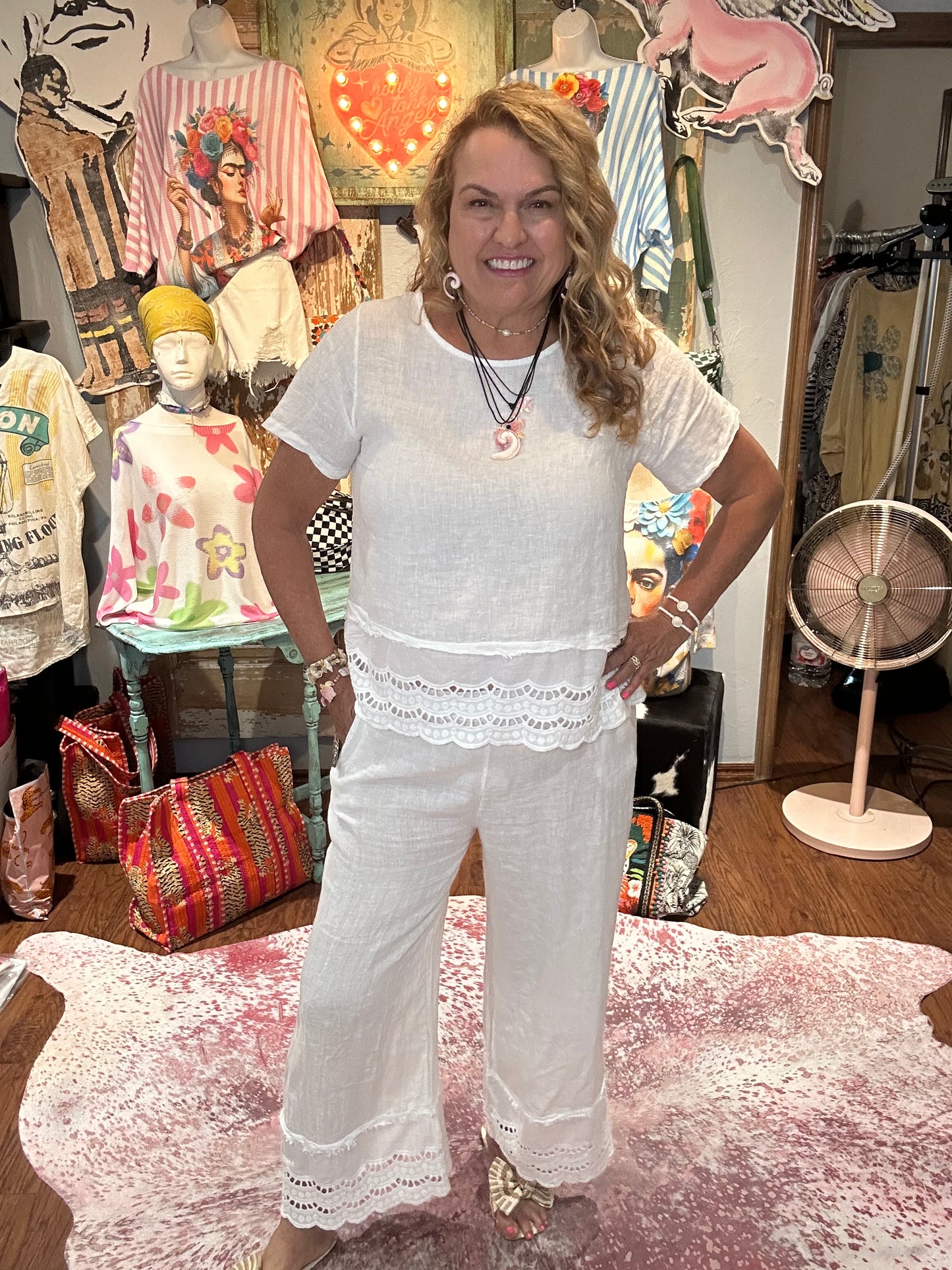 White Linen Bottoms with Crochet Detailing