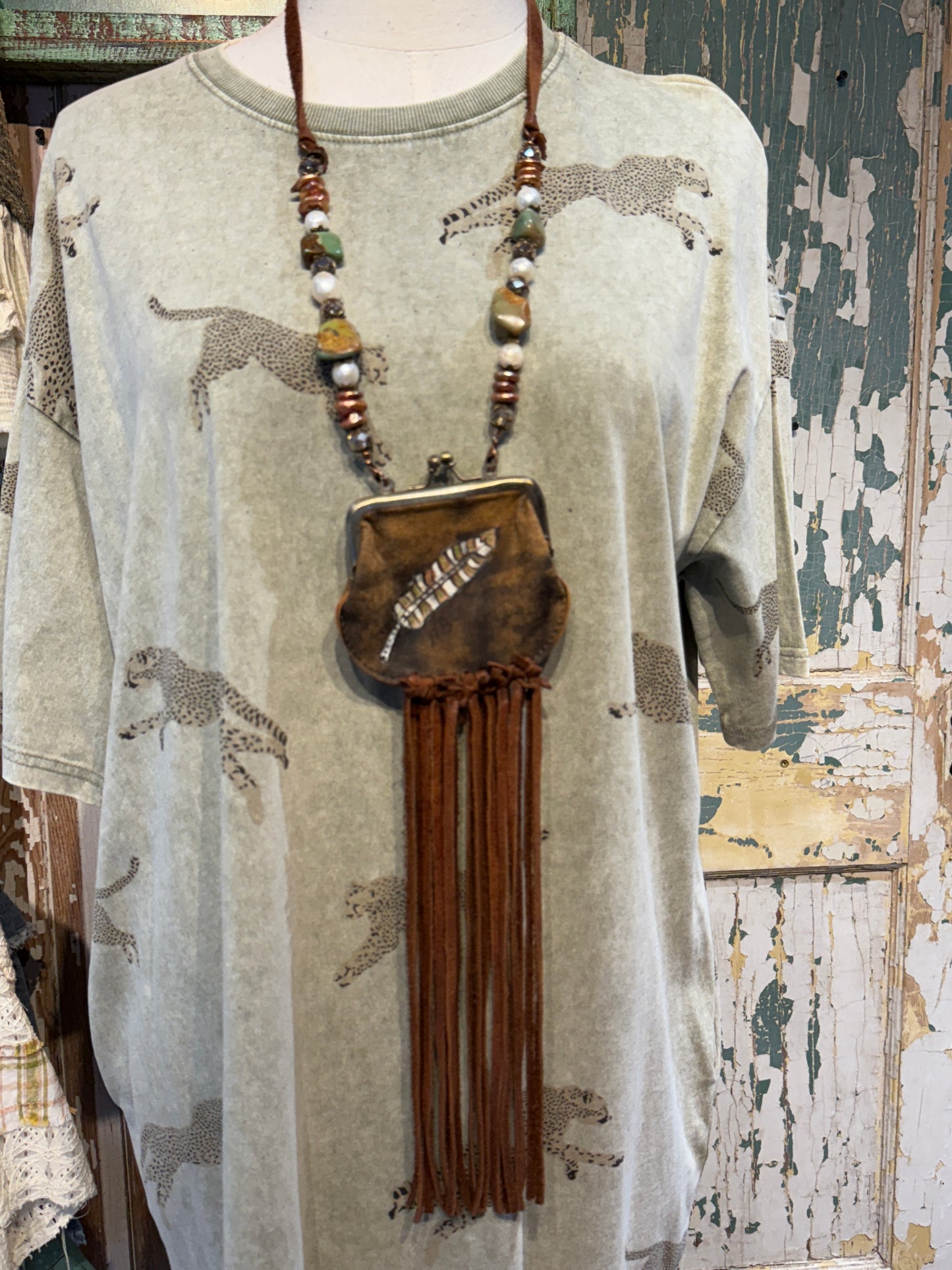 A Rare Bird Hand Painted Feather Leather Coin Purse with Turquoise Bits Necklace
