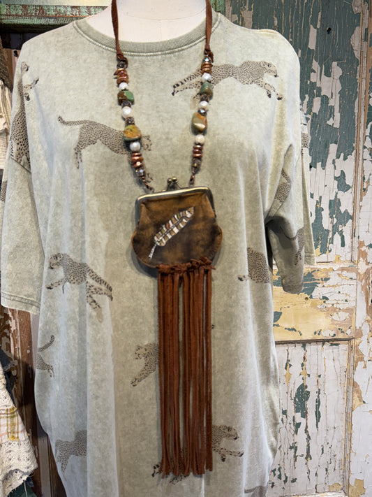 A Rare Bird Hand Painted Feather Leather Coin Purse with Turquoise Bits Necklace