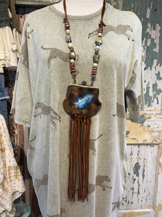 A Rare Bird Hand Painted Feather Leather Coin Purse with Turquoise Bits Necklace